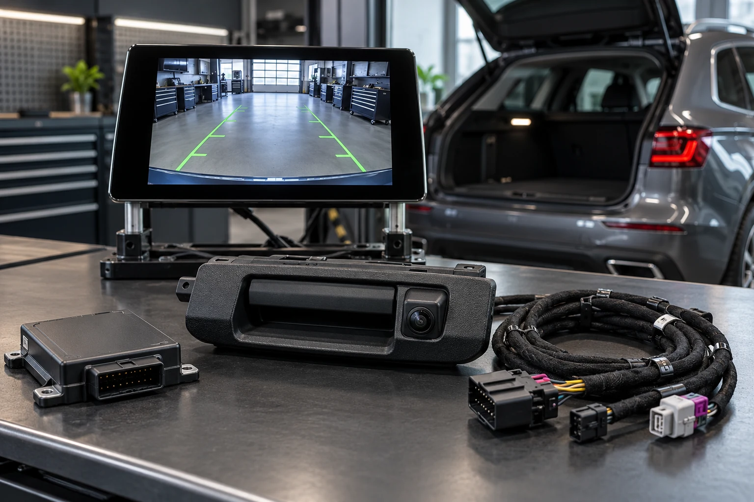 OEM-Rückfahrkamera, Kabelsatz und Display als Nachrüstsystem